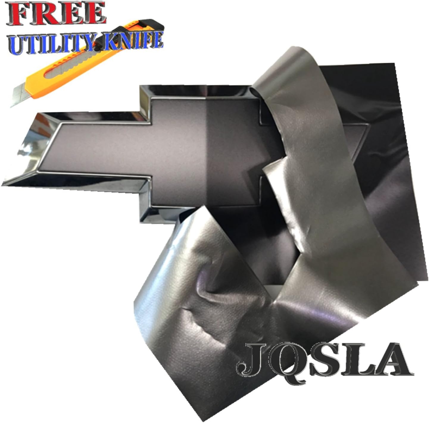 JQSLA 2pcs 11" x 4.8" Black Satin Matte Chrome Plating Vinyl Sheets Cut-Your-Own Decal for Chevy Bowtie Emblem Overlay Grill Trunk and Rear Logo DIY with Free Utility Knife