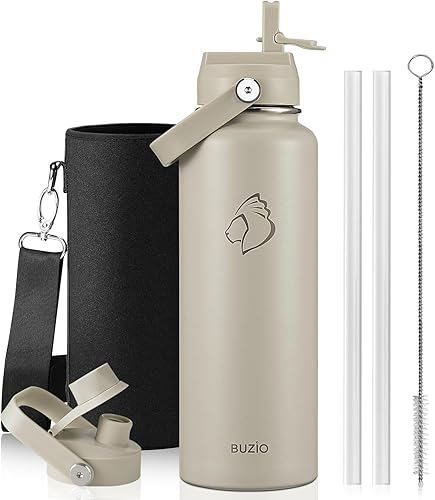 Miniatura 43 de BUZIO Botella de agua aislada de 24 oz, frasco de agua de boca ancha de acero inoxidable con tapa de pajita, frío durante 48 horas a prueba de