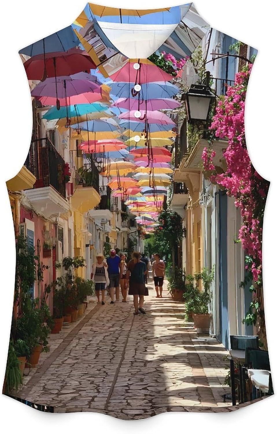 Umbrella Street in Greek Town Women Sleeveless Collared Golf Polo Shirt | V Neck Tank Top,Breathable Tennis Shirts