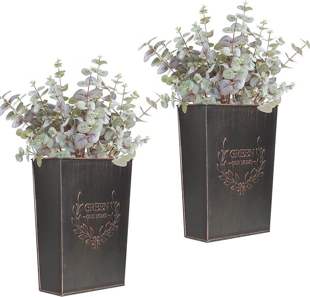 T4U Farmhouse Wall Decor Rustic Planters Set of 2 - Metal Wall Hanging Vase for Indoor Office Home Living Room Decoration, Galvanized Wall Plant Pot Flower Holder Vintage Style (Black)