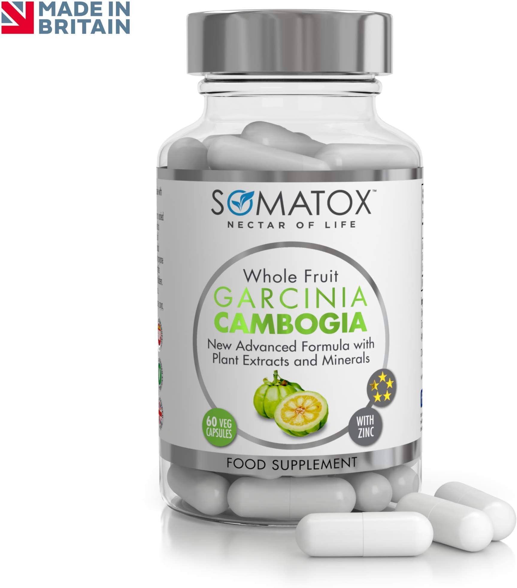 SOMATOX Garcinia CAMBOGIA Whole Fruit Max Strength Natural Weight Loss Formula / 60 Vegetarian Caps 30 Day Supply UK & GMP Certified