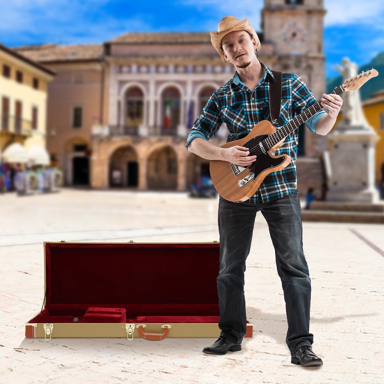 Walizka na gitarę elektryczną, twarda obudowa, zamykana, przenośna, prostokątna, drewniana walizka z zamkiem i uchwytem na klucze, miękka podszewka, idealna do większości gitar elektrycznych