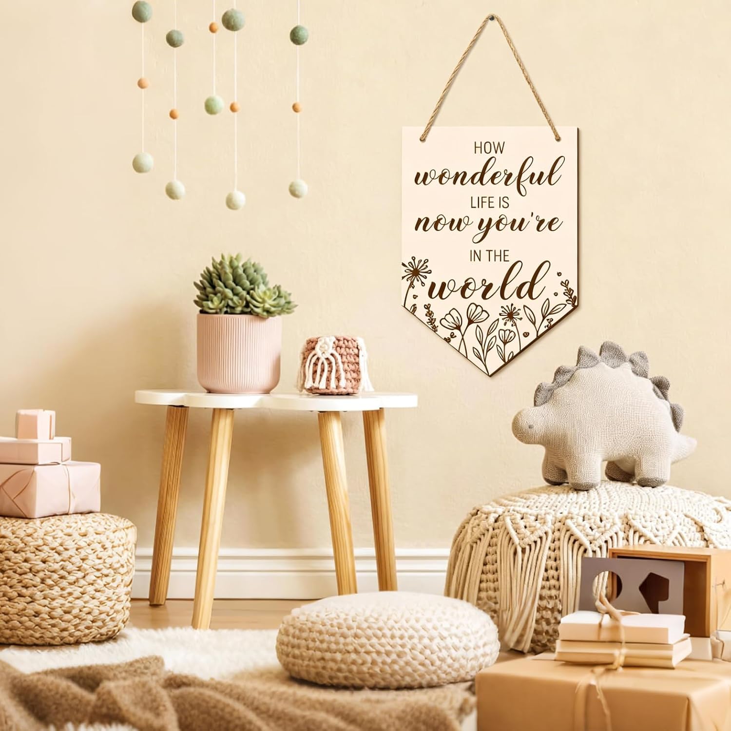 Nursery Wooden Hanging Sign Boho Floral Nursery Wall Decor Wood Flag Pennant Inspirational Quote Wall Art Plaque for Baby Shower Newborn Gift Gender Neutral Baby Room Decoration