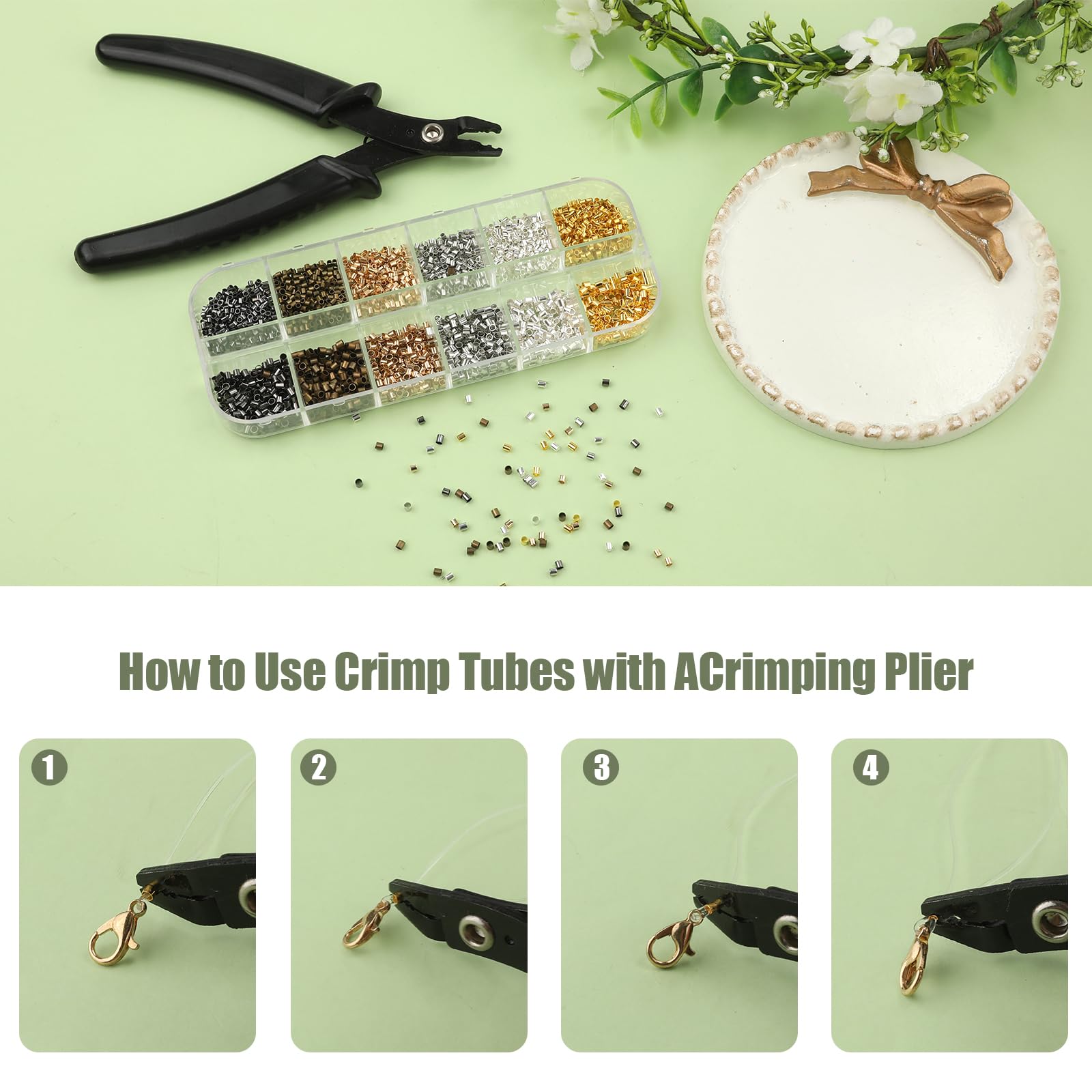 Kit 1320 Pezzi Per Creazione Gioielli Con Perline A Crimpare, Tubi, Moschettoni E 2 Strumenti Di Aiuto, In Scatola Organizer, Oro E Argento