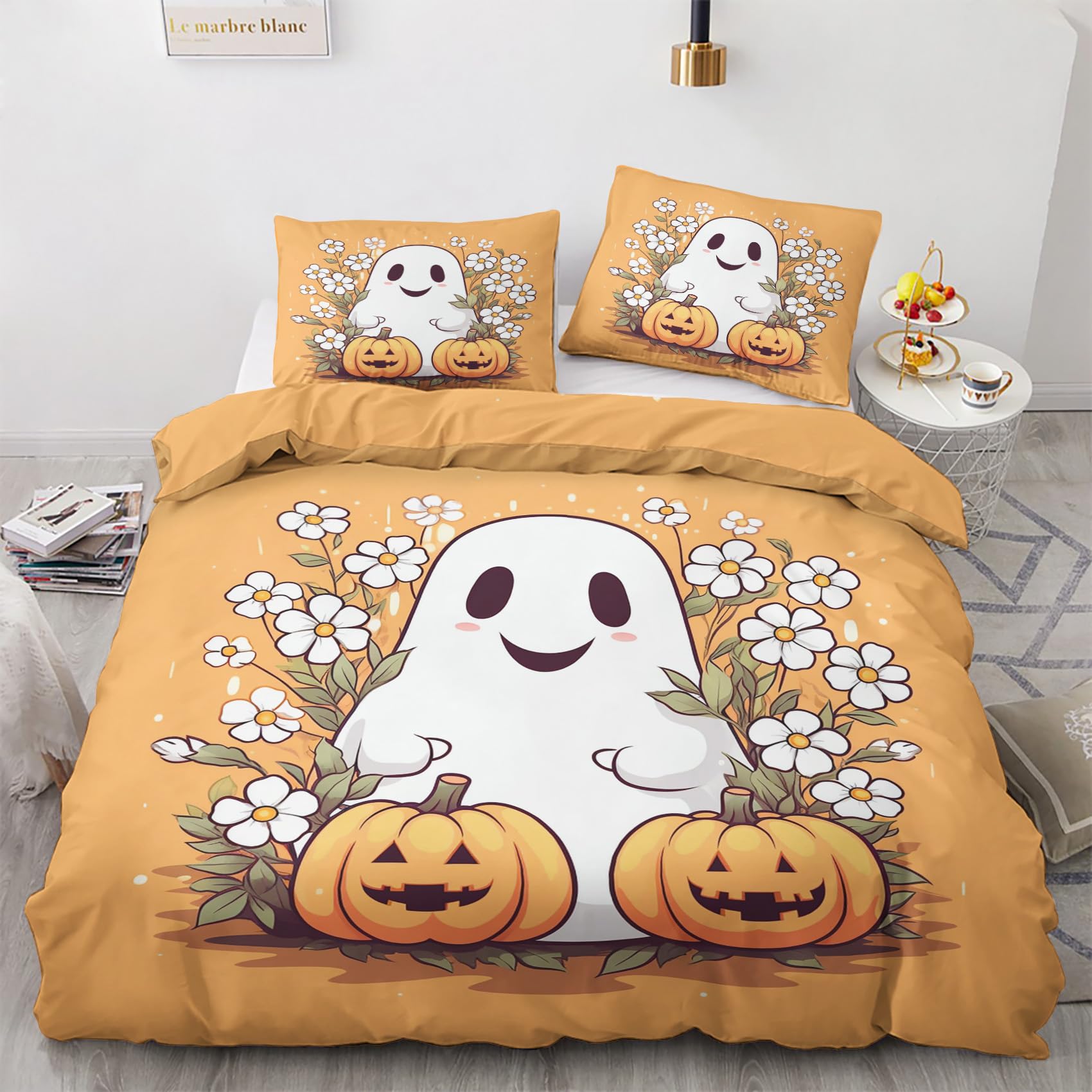 Halloween Bettwäsche-Set 2-teilig - Kürbis Motiv, Mikrofaser, 135x200 Cm + 80x80 Cm Kissenbezug, Weich & Bügelfrei