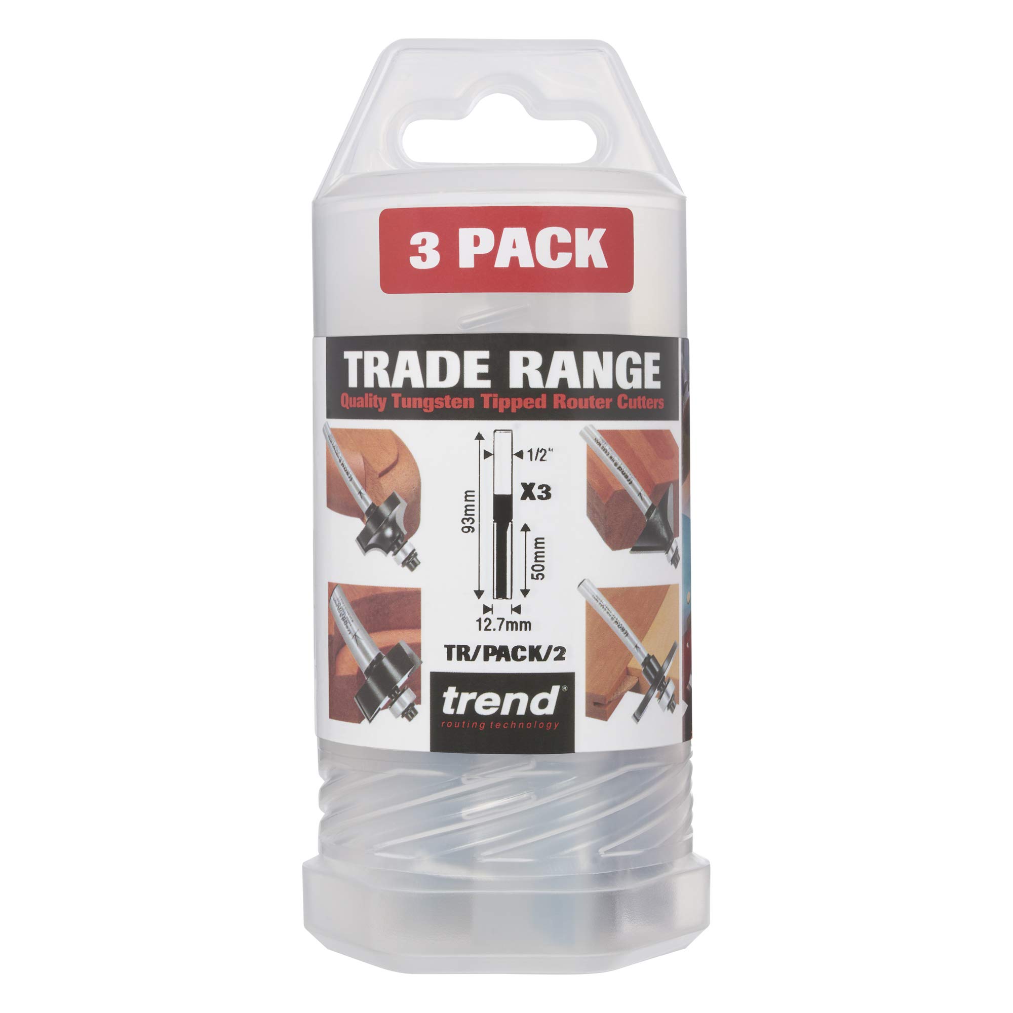 Trend Frezy proste do routera 3 szt., trzpień 1/2", węglik | Zestaw 3 frezów prostych TCT do drewna: trzpień 1/2" i płytki z węglika, precyzyjne frezowanie. TR/PACK/2