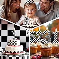Vista 6 de Velas de cumpleaños con temática de autos de carreras, velas a cuadros número 1, adorno de pastel a cuadros blanco y negro, suministros para fiestas