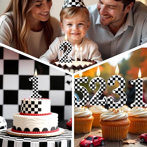 Miniatura 6 de Velas de cumpleaños con temática de autos de carreras, velas a cuadros número 1, adorno de pastel a cuadros blanco y negro, suministros para fiestas