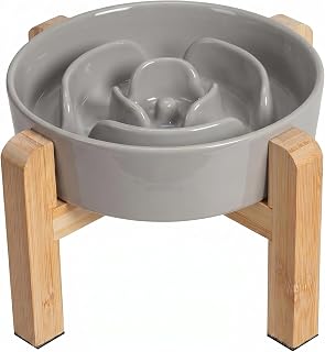 Gamelle Anti-Glouton Surélevée pour Chien - Bol en Céramique avec Support en Bambou - Idéale pour Chiens de Petite et Moyenne Taille - Grise - 17 cm