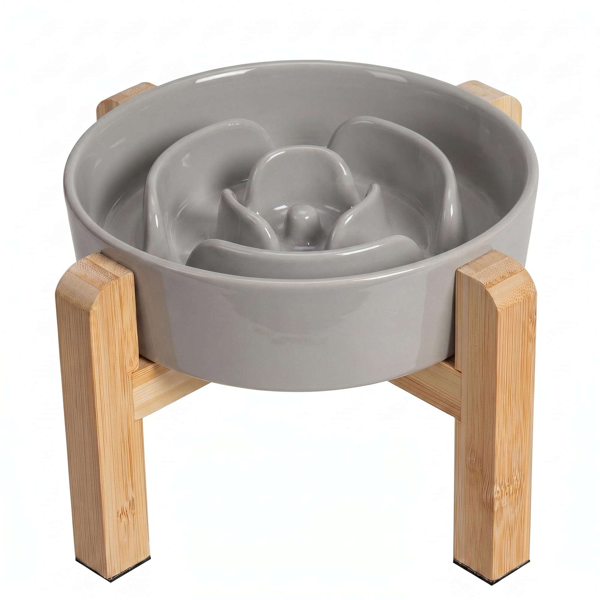 Elevated Slow Feeder Dog Bowl - Raised Ceramic Dog Bowl with Anti-Slip Stand - Fun Maze Dog Feeding Bowl for Fast Eater - Heavy Dog Food Dish - Designed for Small and Medium Dogs - Grey - 6.7 inch