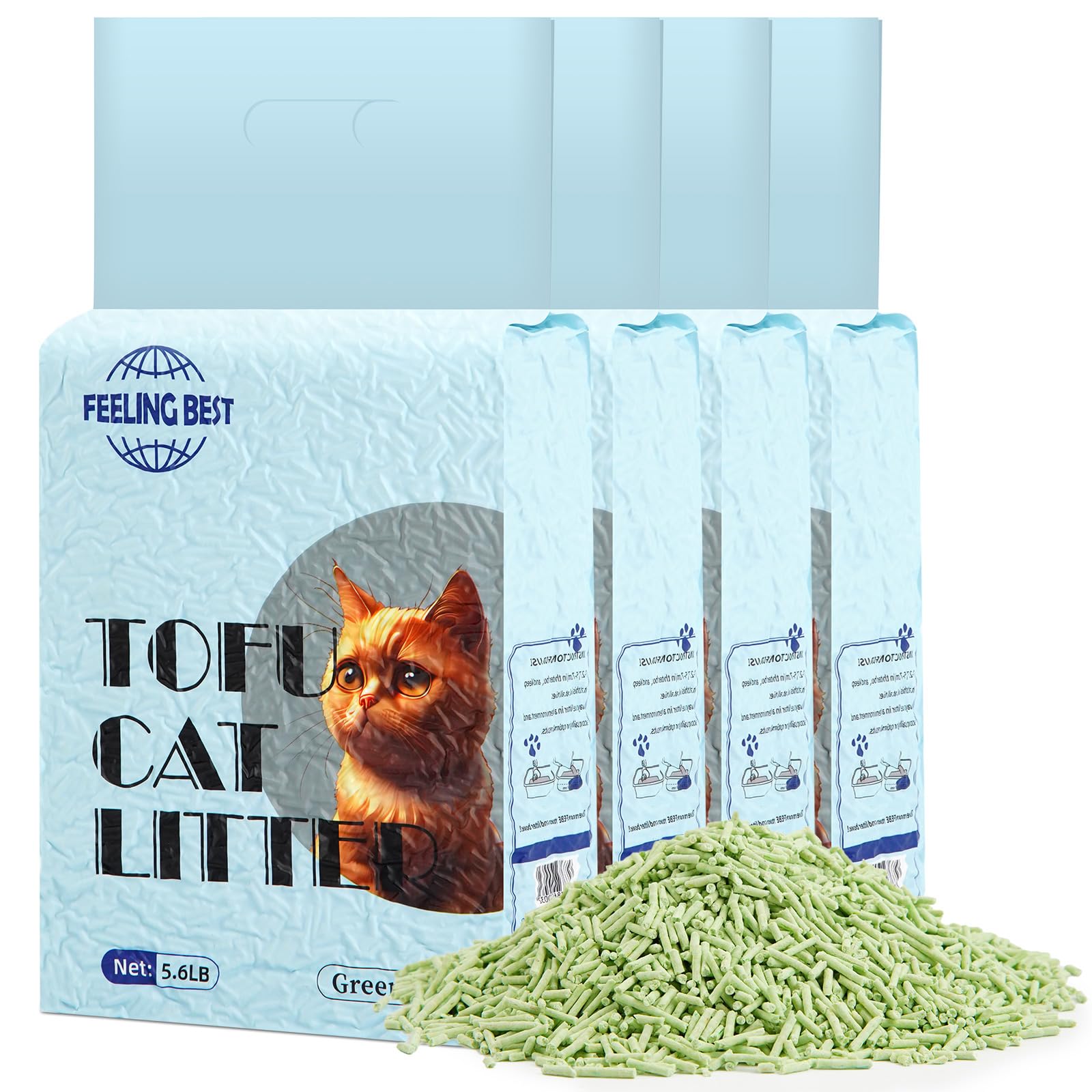 Tofu Cat Litter 22.4LB(5.6lb×4bag) Green Tea Clumping, 100% Natural Raw Materials, Flushable,Ultra Absorbent and Fast Drying,Solubility in Water,