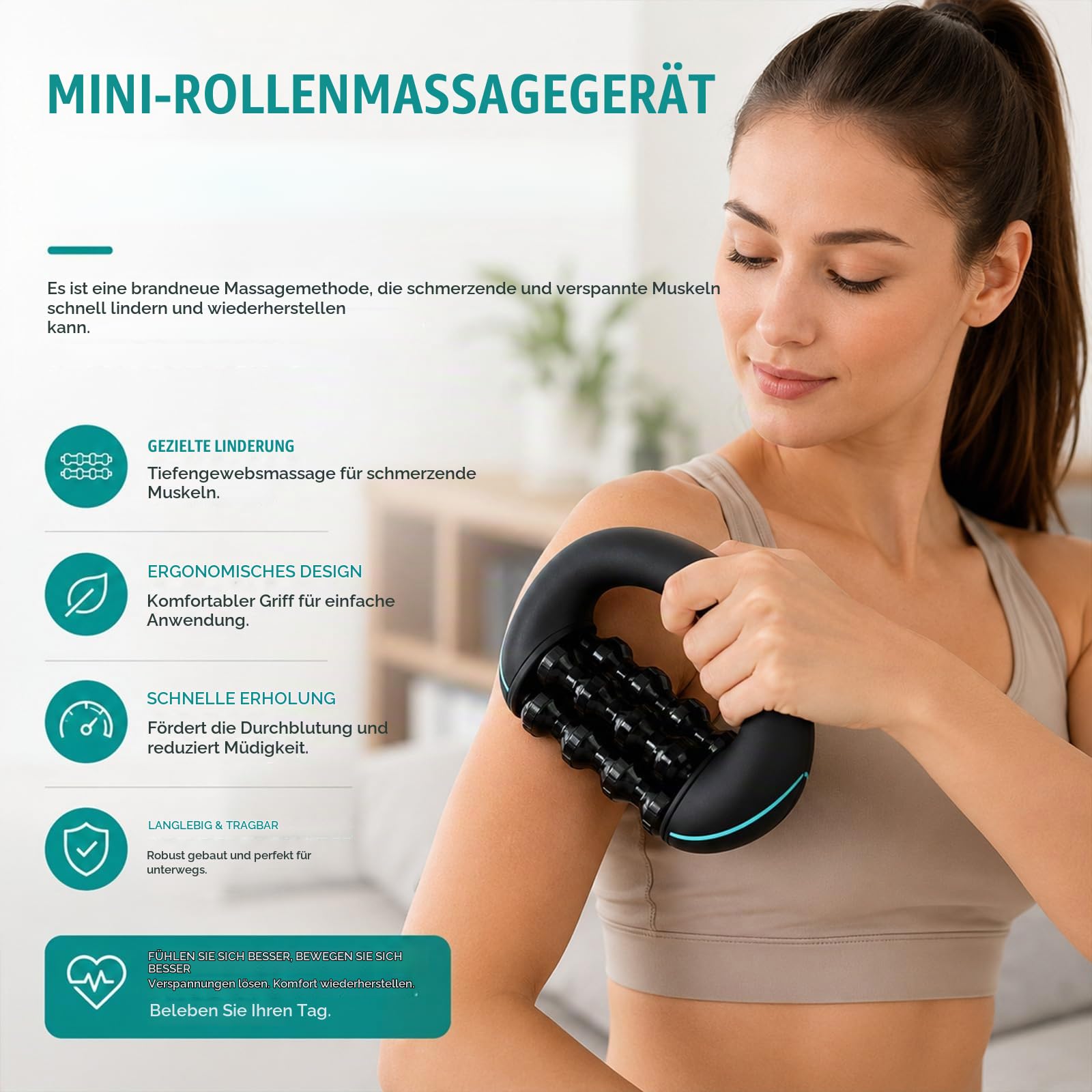 Elektrisches Handmassagegerät mit Rollen, 3 Stufen Massageroller USB Aufladbar, Leichtes Tiefengewebsmassagegerät für Rücken Schulter Beine Büro Fitnessstudio