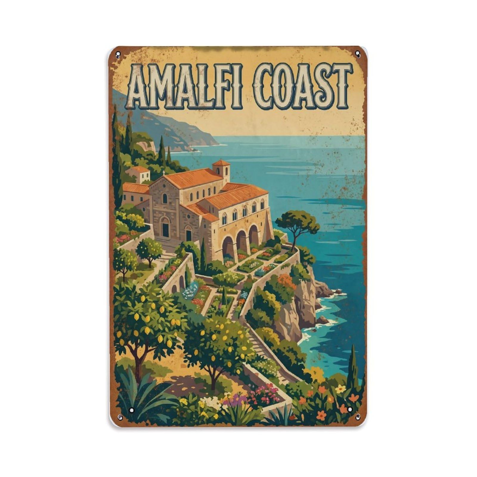 Vintage Travel Monastery Italy Cliffside Metal Tin Sign Plaque Wall Decor for Cafe, Club Bar, Office, Home Garden Metal Poster 8x12Inch
