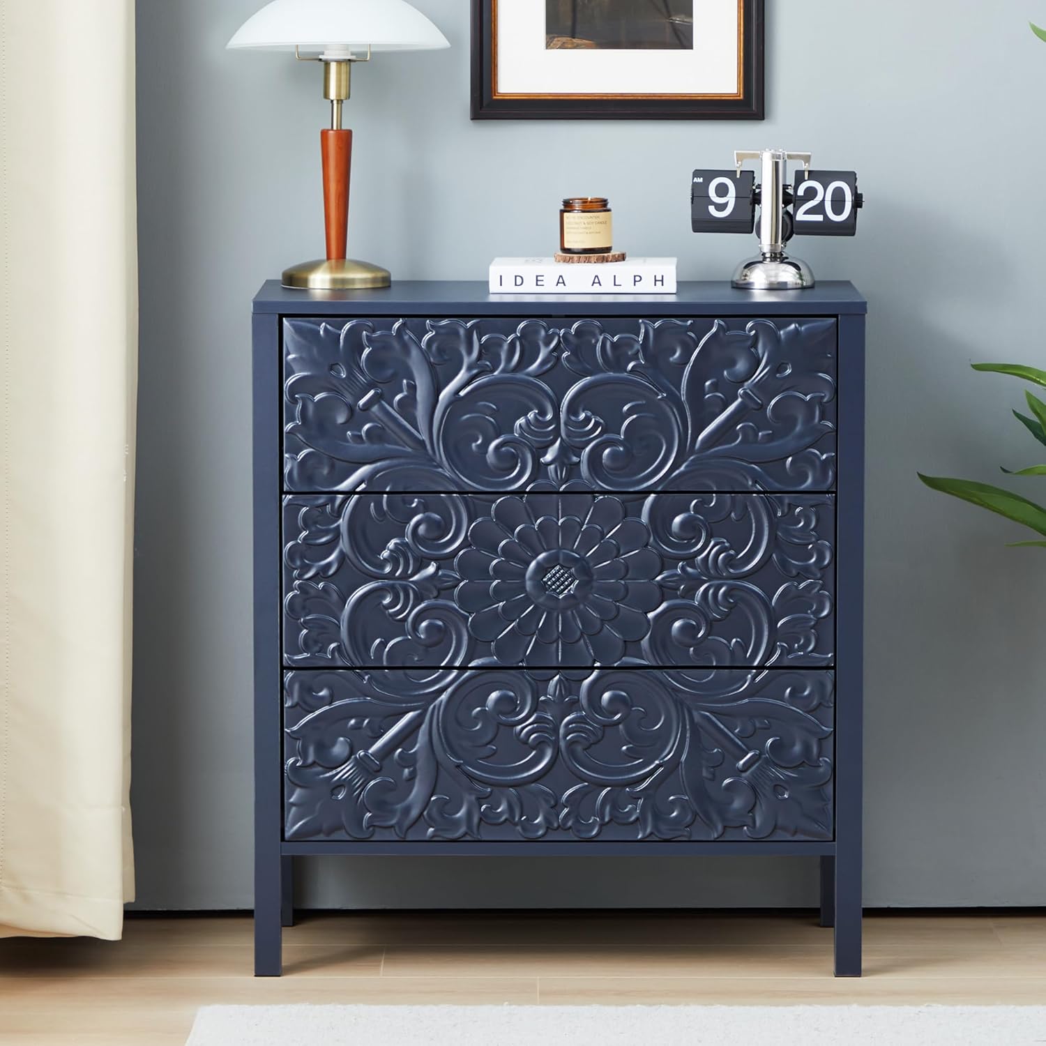 Carving 3 Drawer Dressers for Bedroom, Wide Chest of Drawers with Storage, Accent Luxury Nightstand Small Dresser for Hallway Living Room Entryway Office (1, Gray Blue)