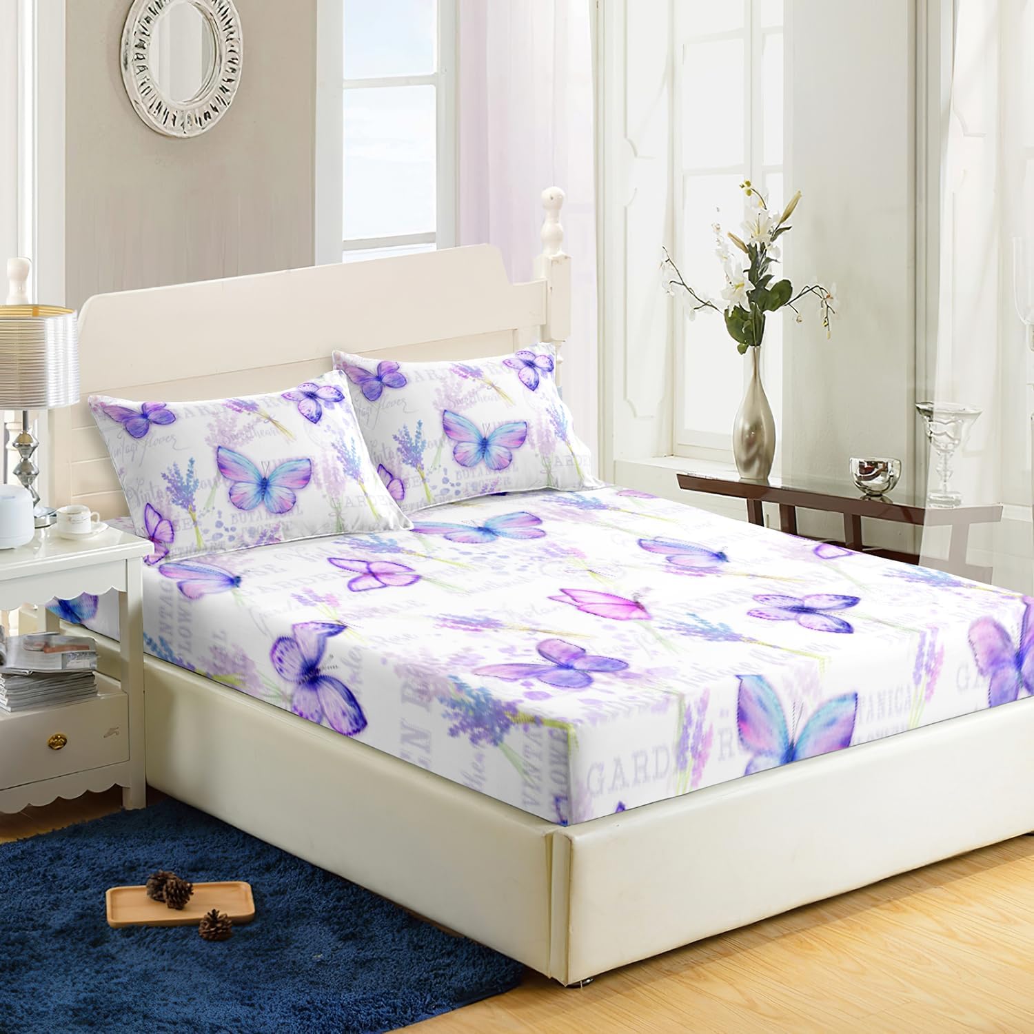 Lavender Butterfly Fitted Sheet Deep Pocket Kids Colorful Butterfly Quilt Bed Sheet Queen for Kids Boys Girls Include 1 Fitted Sheets & 2 Pillowcases No Flat Sheet