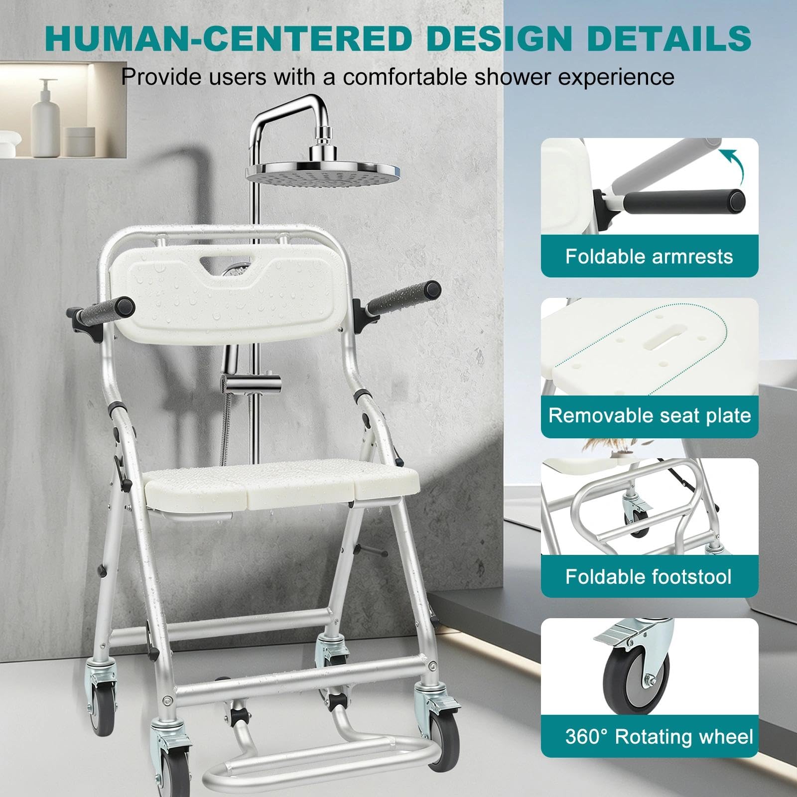 Silla de Ducha con Ruedas Plegable para Personas Mayores