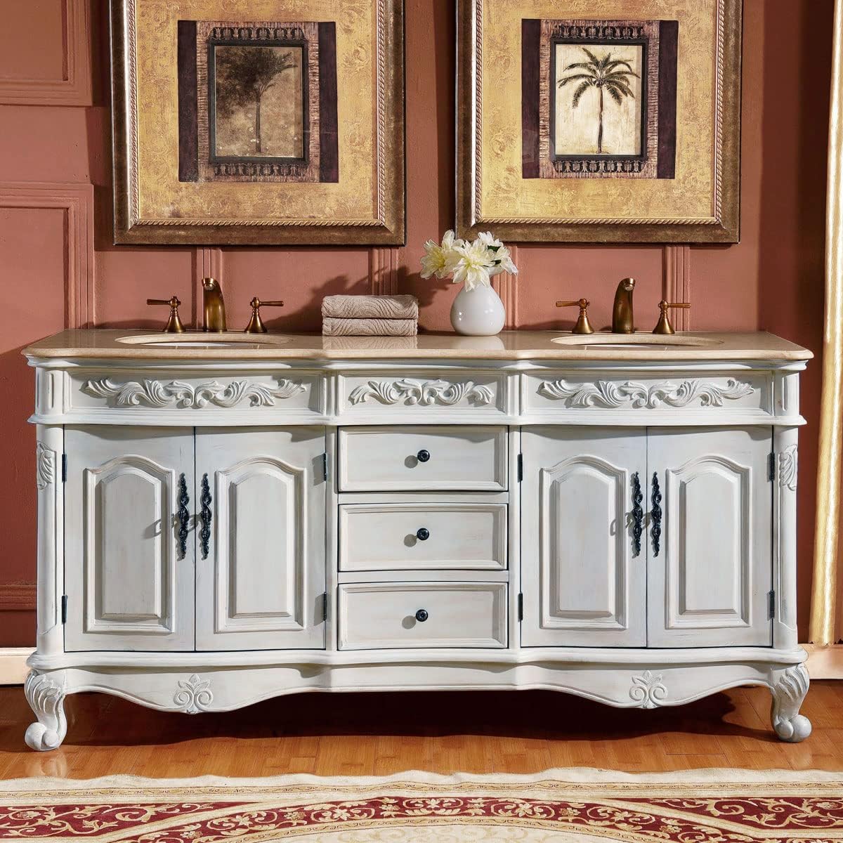 Silkroad Exclusive ZY-0250-CM-UWC-72 Countertop Marble Stone Double Sink Bathroom Vanity with Cabinet, 72", Cream