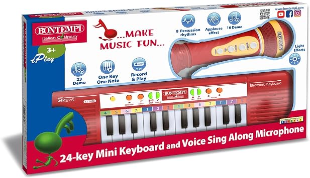 Bontempi Elektronik Karaoke Seti, 24 Tuşlu Işıklı Org ve Mikrofon, Müzik Eğitim Seti, 3+ Yaş (Kırmızı)