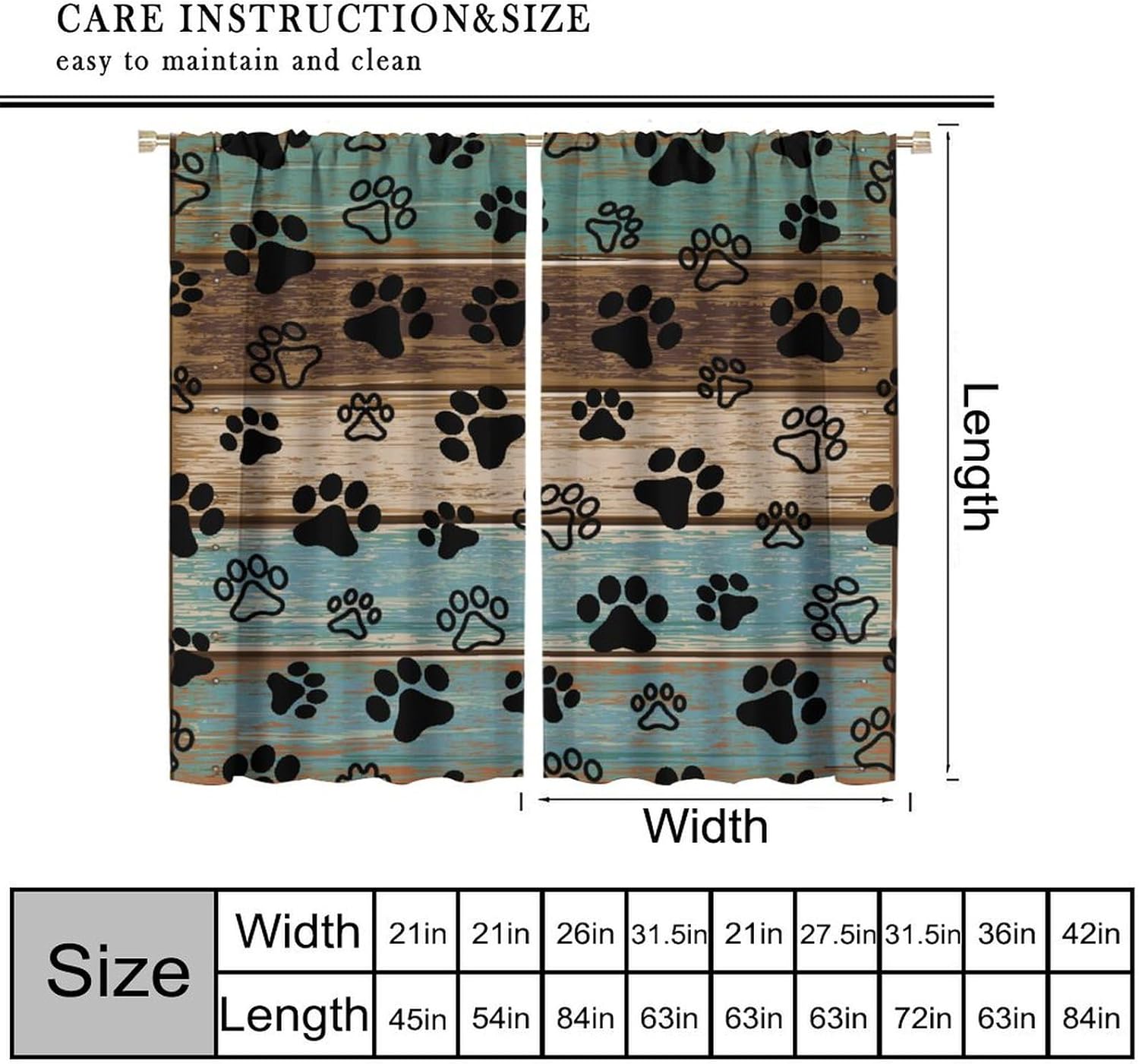 Dog Paws Prints Blackout Curtain, Rustic Turquoise Semi, Teal Wood Puppy Paws for Home Kitchen Livingroom Coffee Room Window Curtain 2Panel 42" W X 45" L