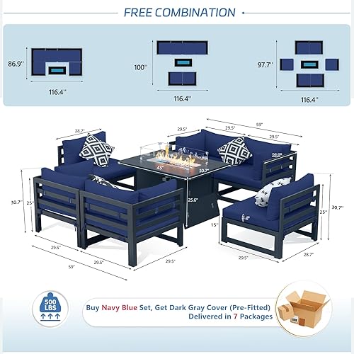 Miniatura 372 de NICESOUL 7 Piece White Powder-Coated Aluminum Patio Furniture with Fire Pit Table, 29 Inch Extra Wide Outdoor Sectional Sofa for 6, High-End Heavy