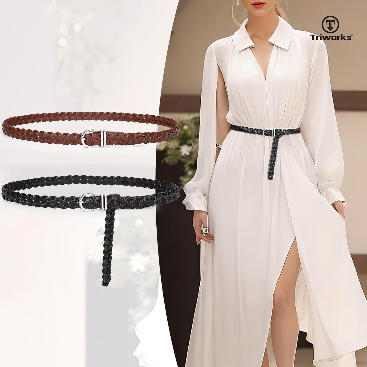 TRIWORKS 2 Pack Women's Skinny Braided Leather Belts Thin Woven Waist Belts for Jeans Pants Dresses - Image 2