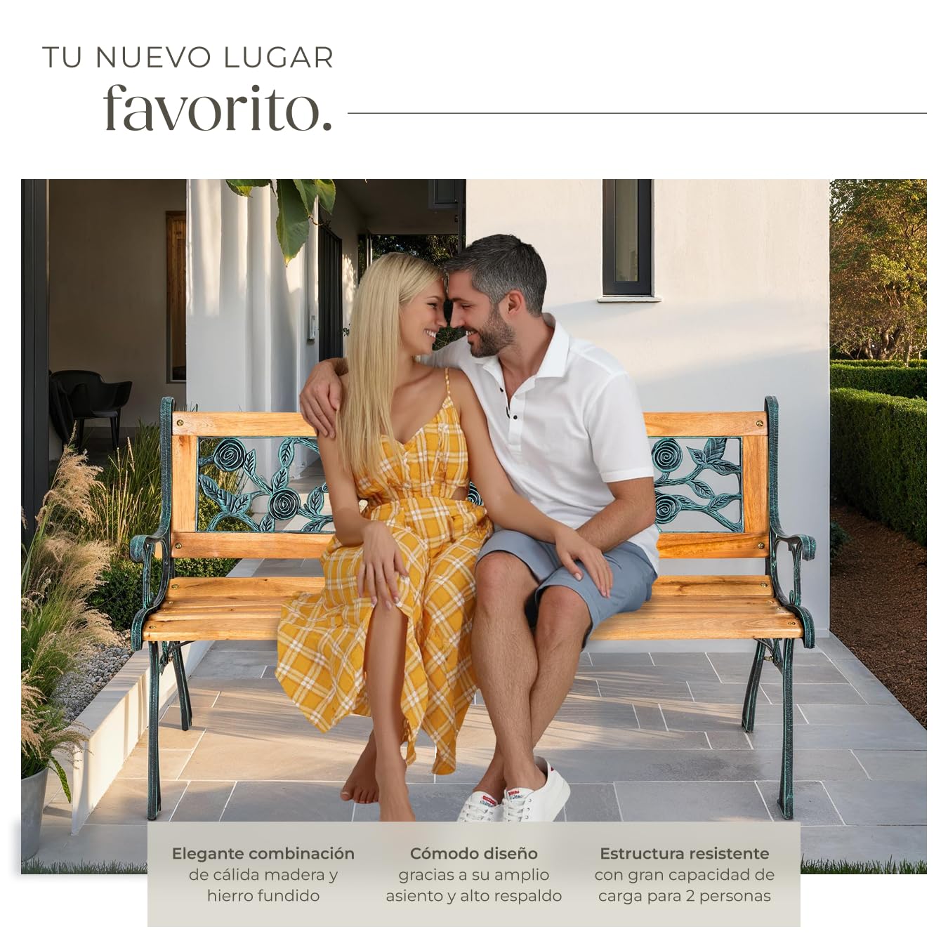 tectake® Banco de Jardín Exterior, Madera Lacada y Hierro Fundido, Diseño Elegante, Resistente y Estable, Patio y Terraza - Floral