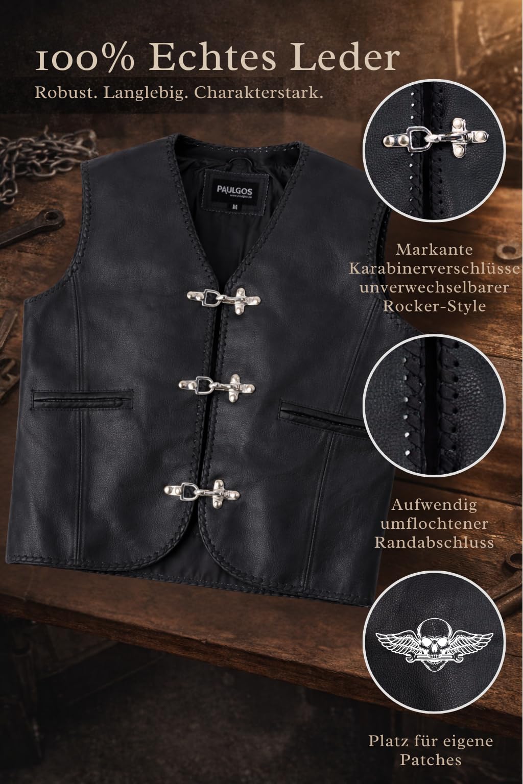 PAULGOS Lederweste Weste Kutte Leder Biker Rocker Motorrad Clubweste Bikerweste Motorradweste Schwarz BW1