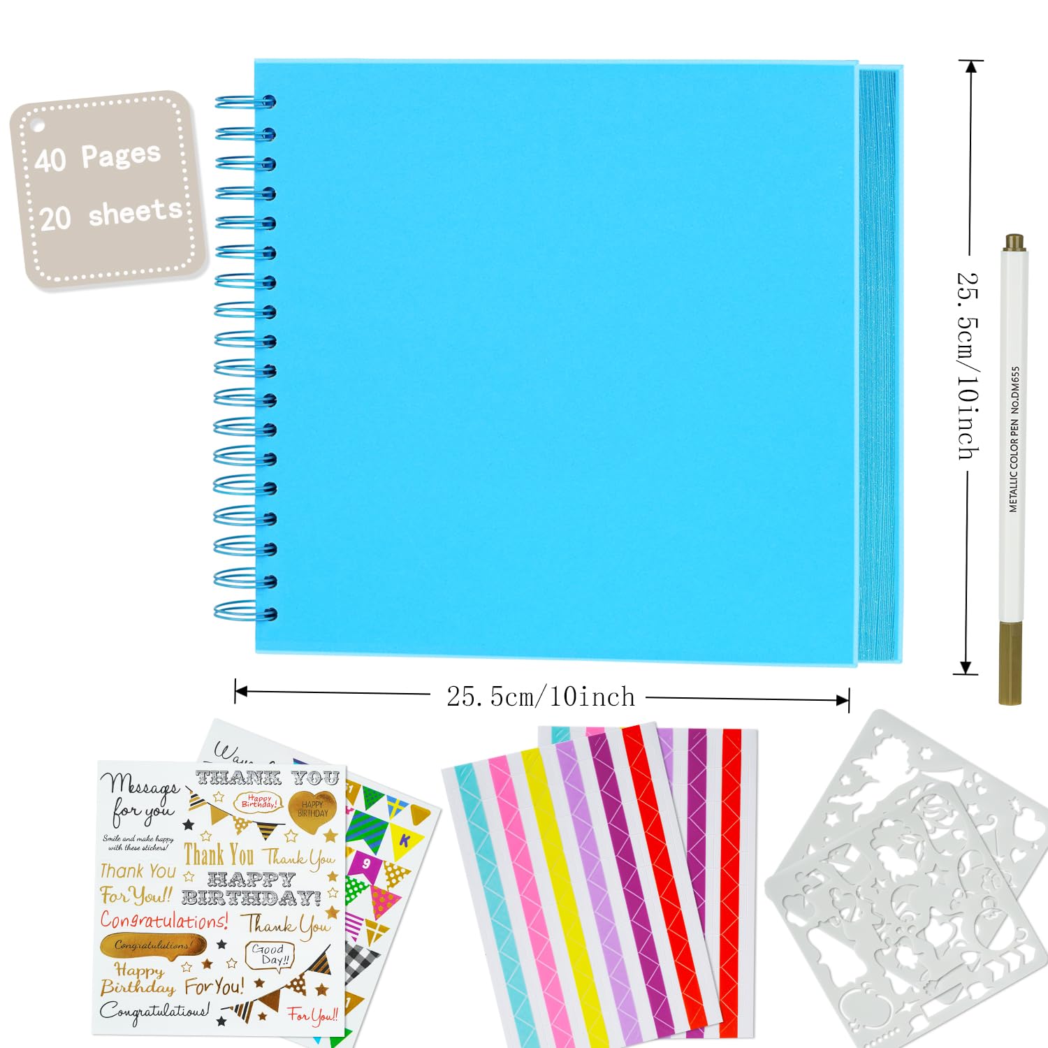 Miaikoe DIY Scrapbook Album 25.5x25.5 cm Hardcover Kraft Blank Paper Scrap Book with 20 Sheets Memory Book for Family Wedding Photography Anniversary (Blue) - Image 4