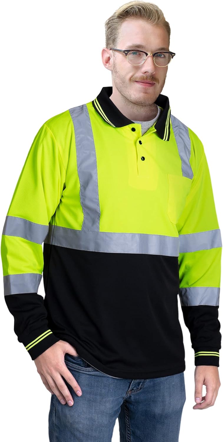 JORESTECH Safety Polo Shirt, Long Sleeve with High Reflective Tape, ANSI/ISEA Compliant, Bk, YL, YLBK, and OR, XS - 4XL