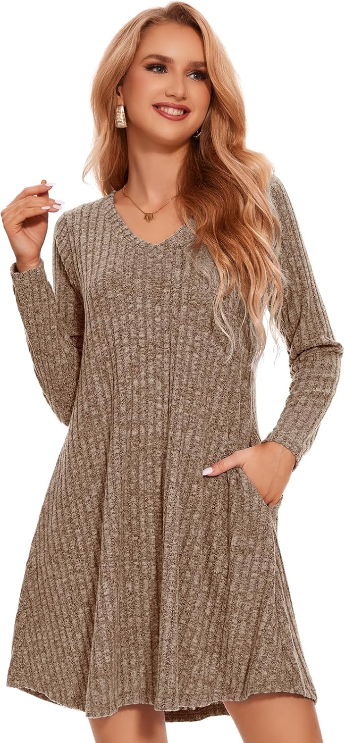 ZENNILO Women Plus Size Sweater Dress Long Sleeve Dress for Women Basic V Neck Fall Winter Tunic Dresses with Pockets - Image 3