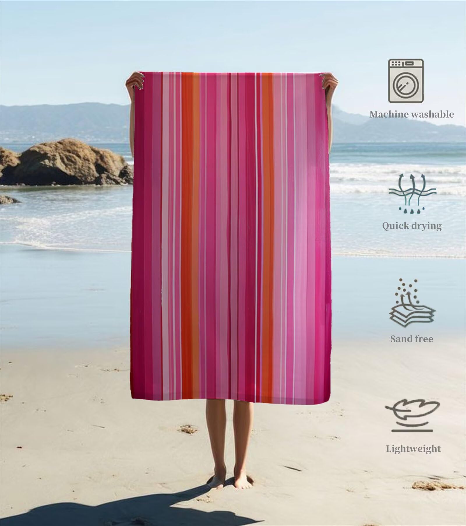 Strandtuch Gestreiftes Rosa Mikrofaser Handtuch Groß 220 x 100 cm, Saunahandtuch Schnell Trocknendes, Sandfreie Stranddecke, Saugfähiges Badetuch, Platzsparende Reisehandtuch, Sauna Zubehör Y1-221