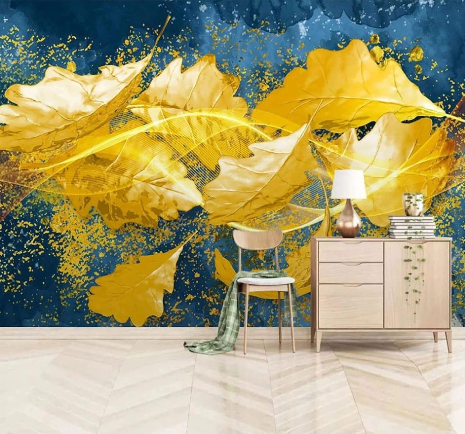XLMING Minimalist Luxury Three Dimensional Gold Leaves 3D Wallpaper Luxury Silk Study Dining Feature Sofa Grey Bedroom Living Room Tv Decorative Wall-150cm×105cm
