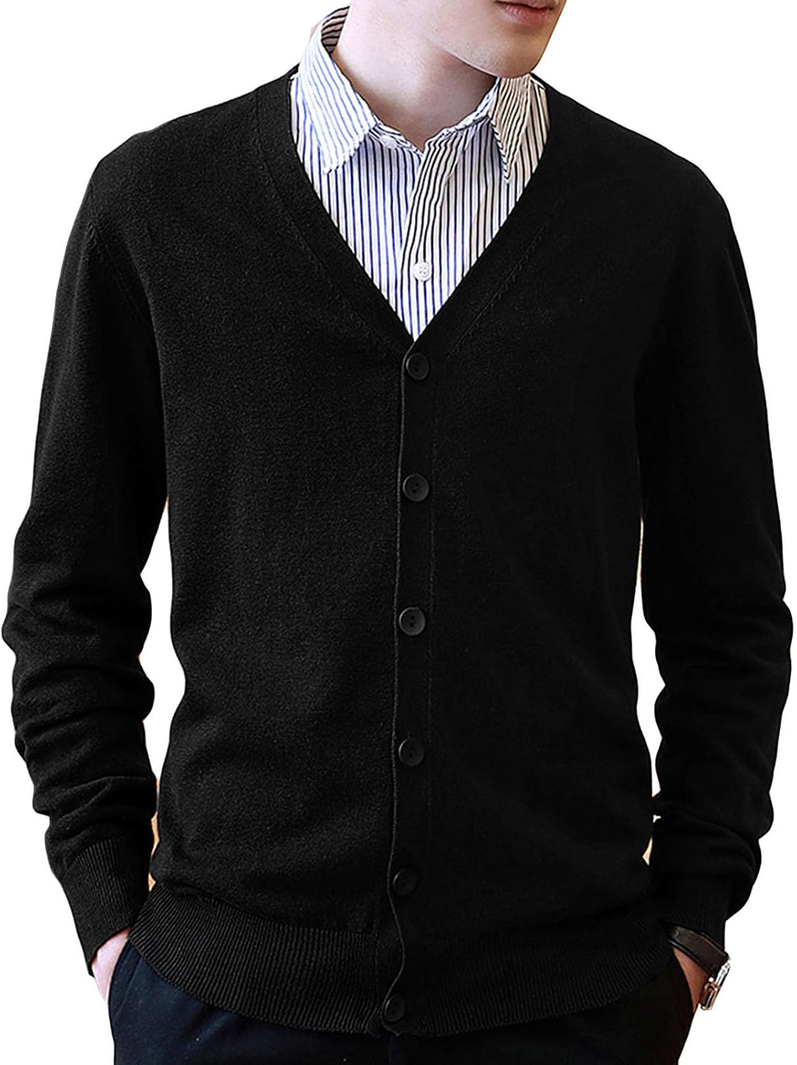 Men's V Neck Rib Knit Cardigan Casual Vintage Button Front Long Sleeve Sweater Winter Lightweight Cardigan