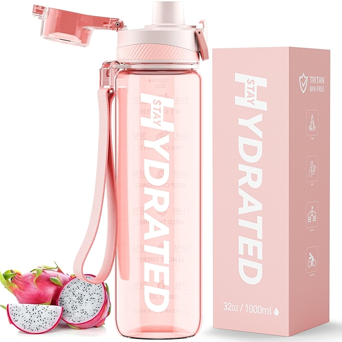 32盎司运动励志水瓶，带时间标记与清洁刷，防漏设计，适合健身户外使用