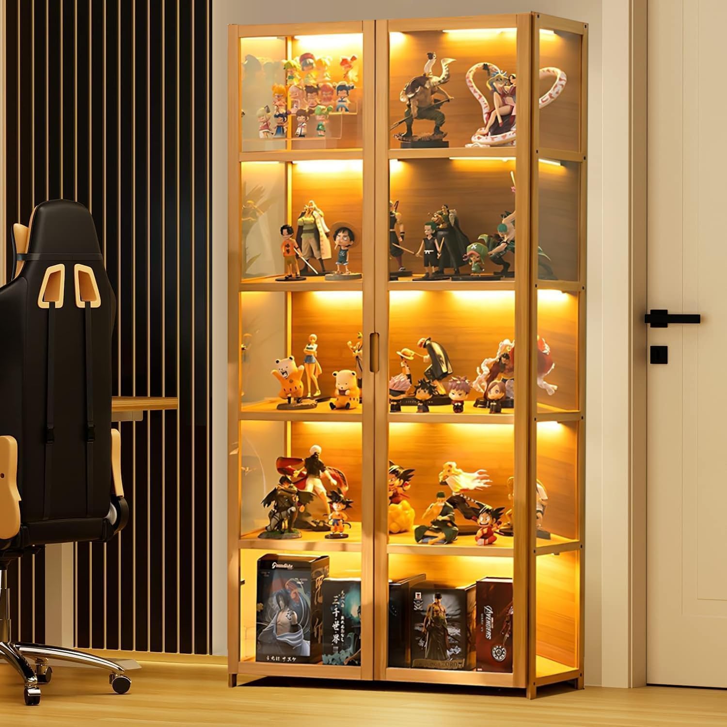 Vitrina Puerta de acrílico, Vitrina con 5 estantes, Organizador de Juguetes colección, estantería Dormitorio, rincón de Lectura, niños, bambú (Doble Puerta marrón)