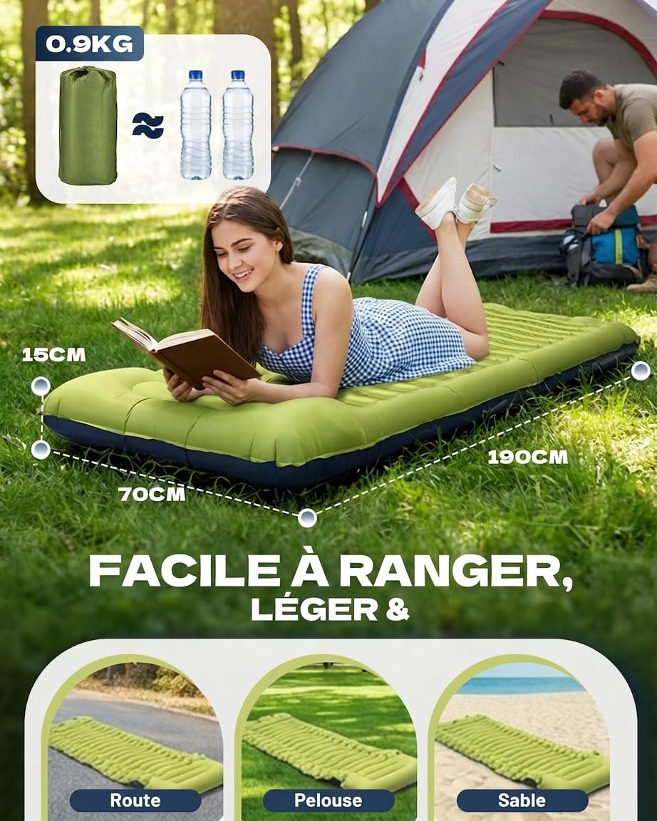 Matelas Gonflable 1 Place, Matelas Camping Autogonflant avec Oreiller Intégré et Pompe à Pied Incorporée, Matelas de Plage Portable pour Camping, Randonnée, Trekking et Tente, 190 × 70 × 15 cm