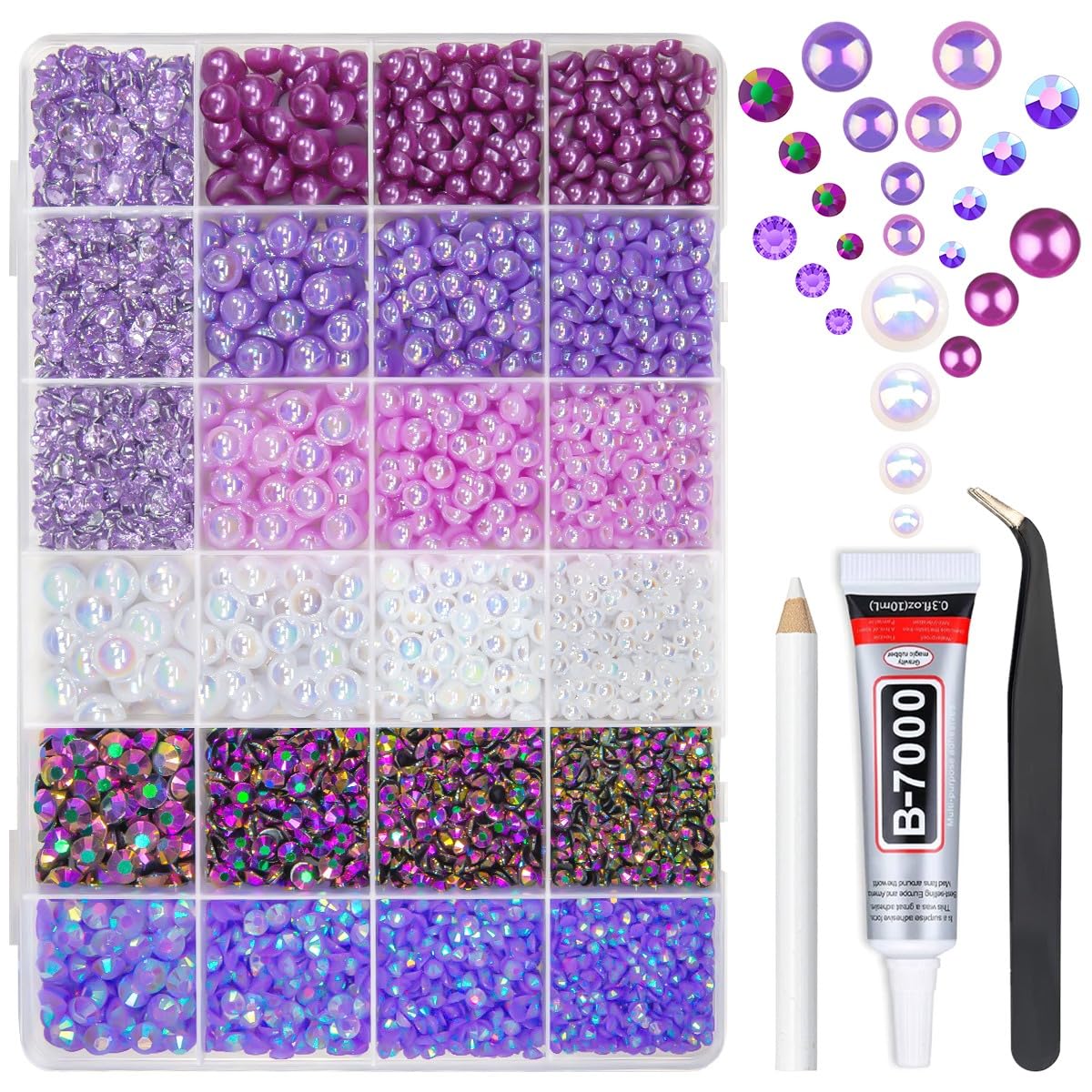 qiipii Purple Colorful 3mm-10mm Flatback Pearls and Resin Rhinestones w B7000 Glue for Bedazzling Crafting Half Pearls Jelly Gemstones Diamonds Bedazzler Kit for Nails Face Eyes Makeup-image-29