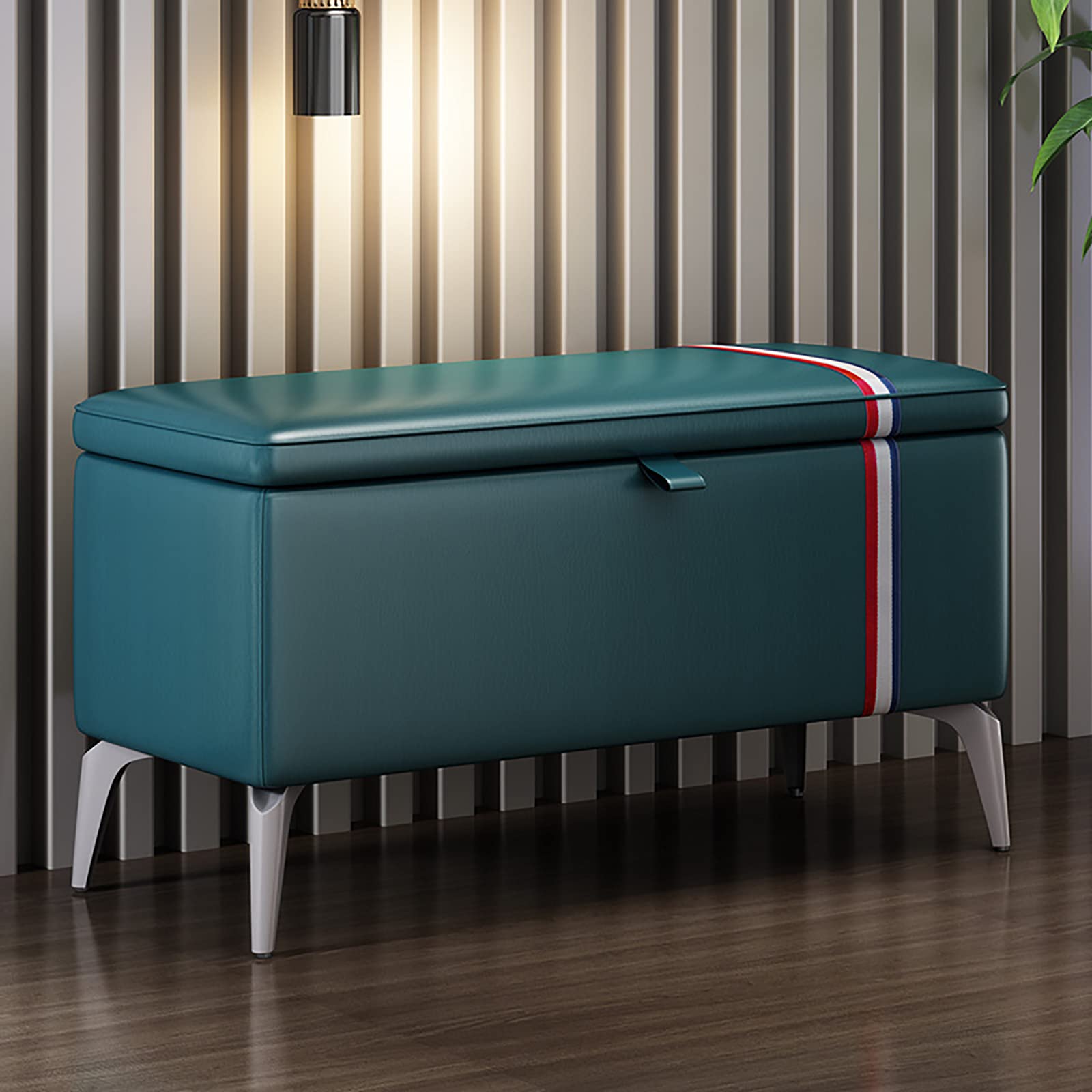 Banc en bois massif et cuir bleu capitonné pour intérieur raffiné