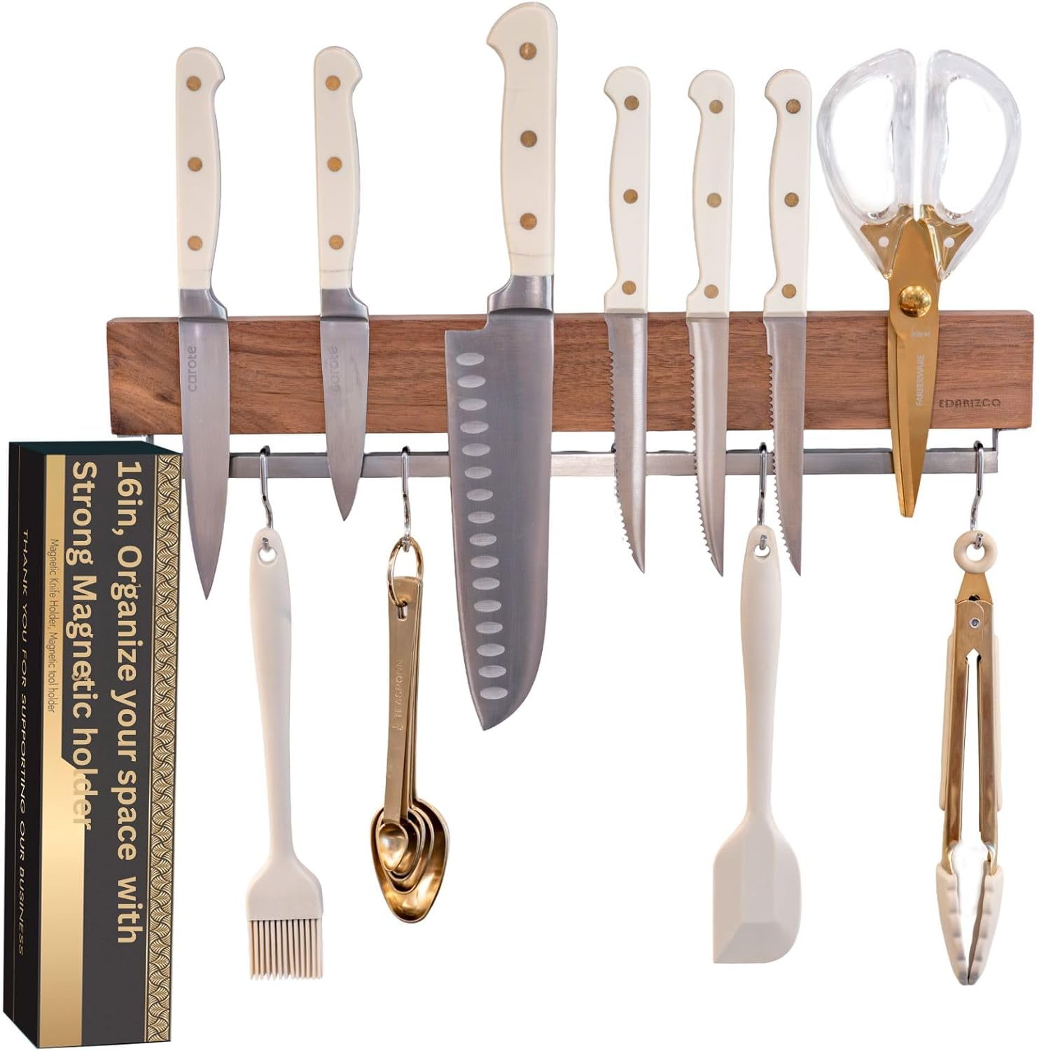 Wood Magnetic Knife Holder for wall 16 inch Walnut with 12 hooks, tape & screws, Magnetic Knife strip, no drilling, Premium-magnetic utensil holder, utensil hanger, tool rack.