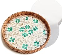 Handmade Clover Rattan Serving Tray with 50 Parchment Liners - Boho Decor Basket for Fruit, Coffee Table, Kitchen, Picnic, Parties (11.8")