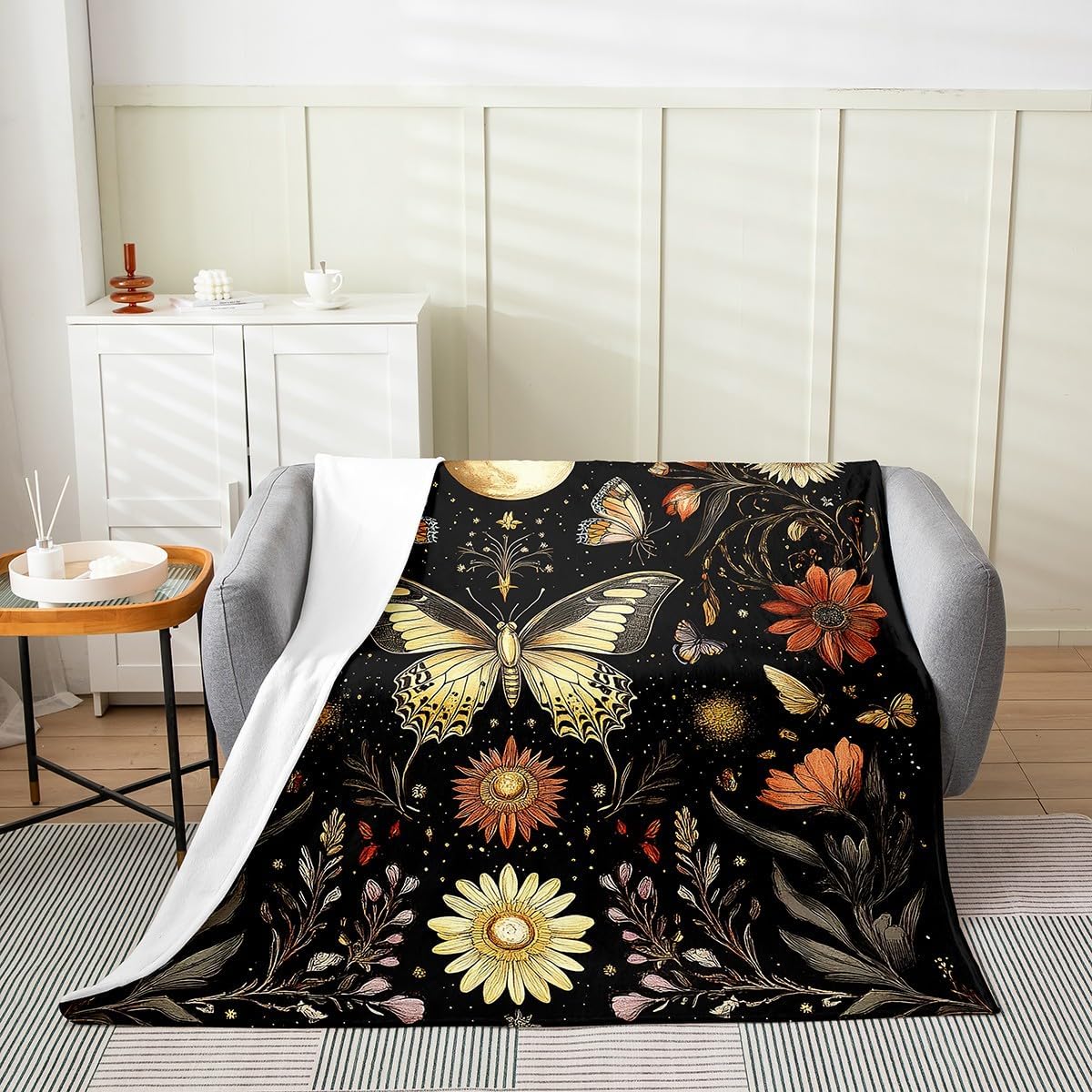Feelyou Butterfly Plush Throw Blanket Queen 90"x90" Kids Boho Butterflies Print Floral Flannel Fleece Blanket for Sofa Couch Boys Girls Teens Flower Moon All Season for Bed Animal