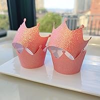 Vista 5 de Paquete de 36 envoltorios para cupcakes con corona de princesa rosa pálido para niñas, fiestas de cumpleaños, baby showers, despedidas de soltera