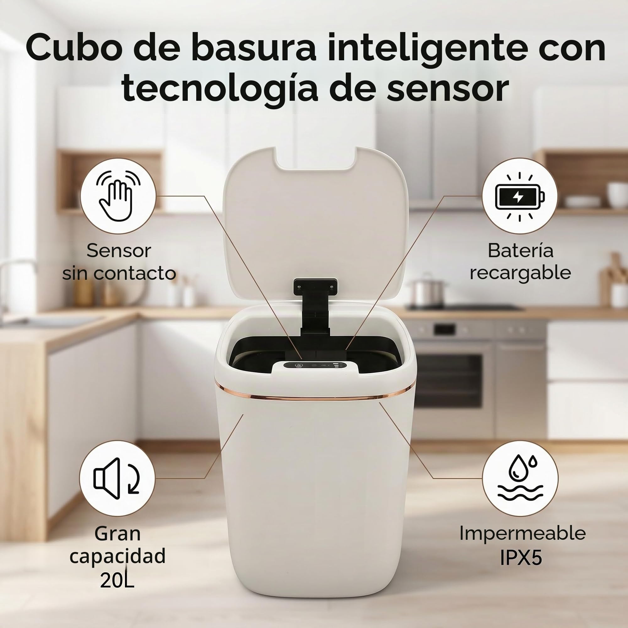 Papelera 20L con Sensor Movimiento, Capacidad Grande, Recargable y Tapa para Baño Cocina Dormitorio
