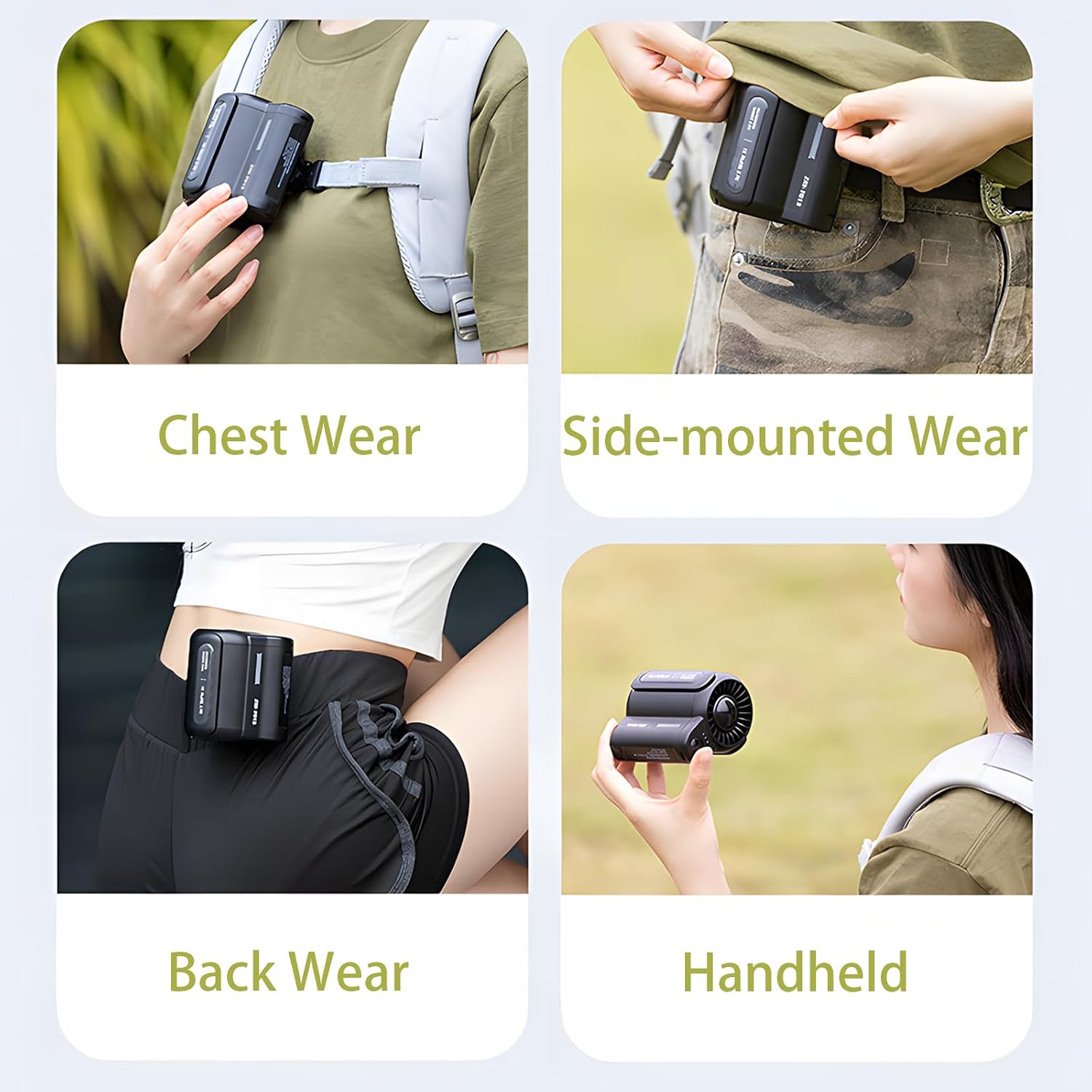 Four images showing different ways to wear the ZAY-F013 fan: chest wear, side-mounted wear, back wear, and handheld