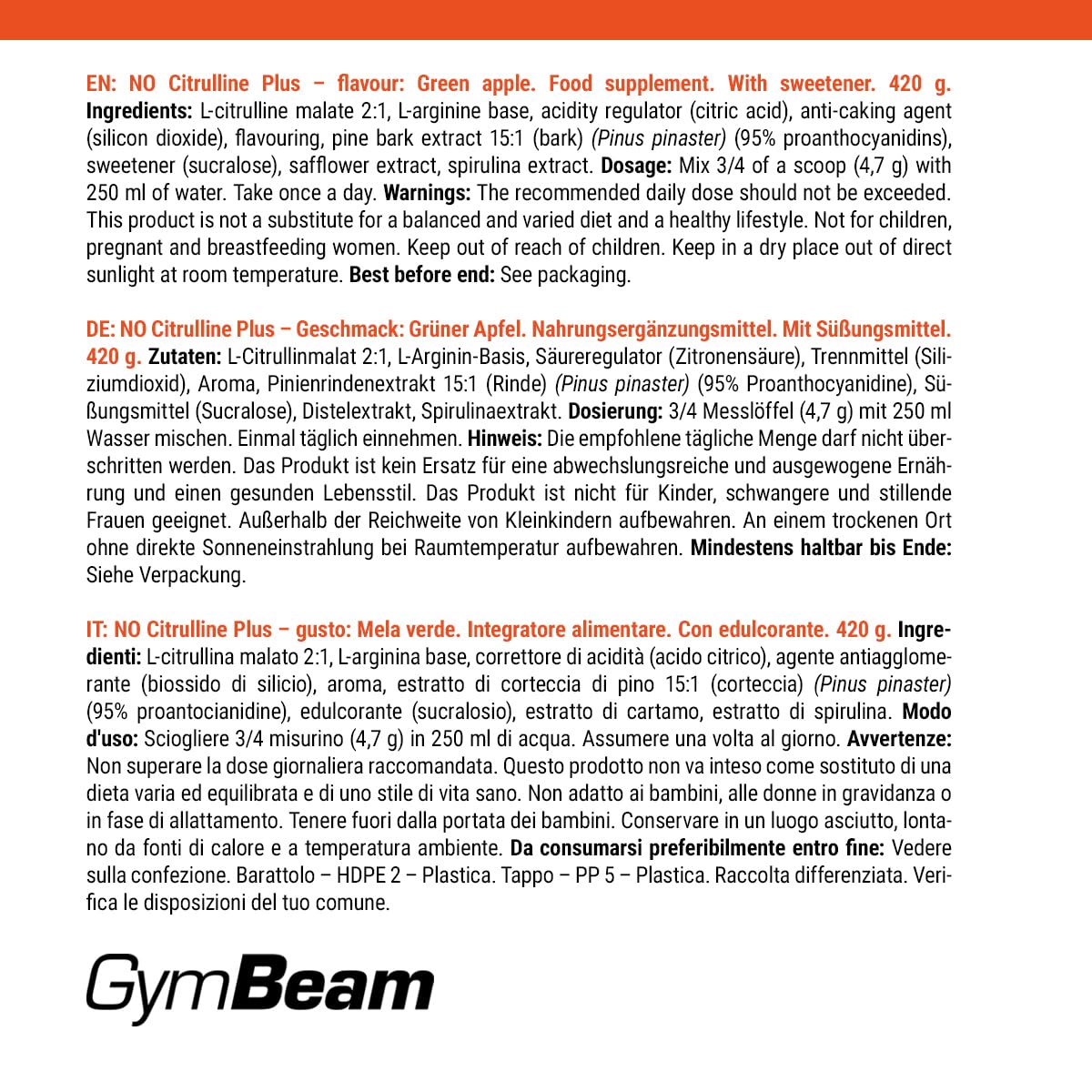 GymBeam NO Citrullina Plus, Integratore Pre-workout Funzionale, Polvere Dissolvibile con Citrullina Malato e Arginina (420 g, Green Apple)