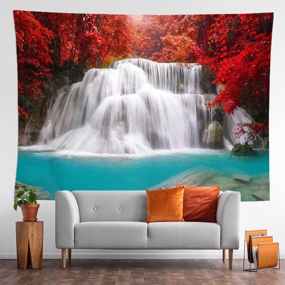 Tapiz de cascada con paisaje, estampado de bosque Natural hermoso, tela de pared grande, alfombra de Picnic, decoración del hogar para casa de campo (W)230×(H)180CM