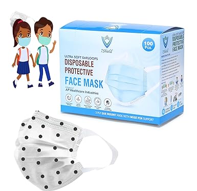 7SHIELD Kids Size Black dot printed Face Mask with Nose clip and soft fabric ear loop Mask 3 ply disposable filter protection breathable dust proof Water Resistant Surgical Mask