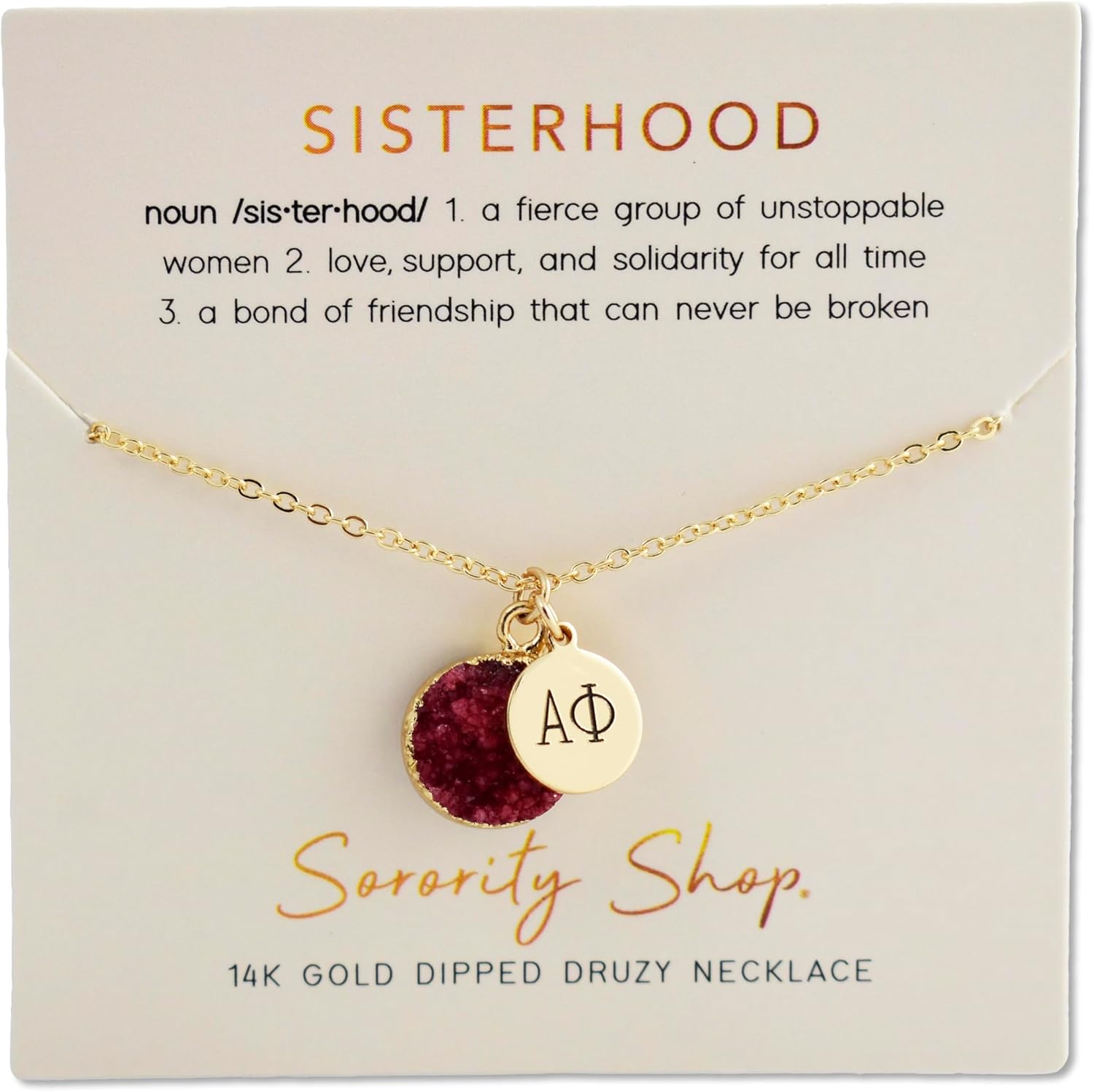 Sorority Shop AP Necklace - Alpha Phi Red Druzy Gemstone Necklace With Engraved Pendant – 14K Gold Dipped Jewelry with Red Gemstone – Sorority Gift, Charm Paraphernalia - Image 3