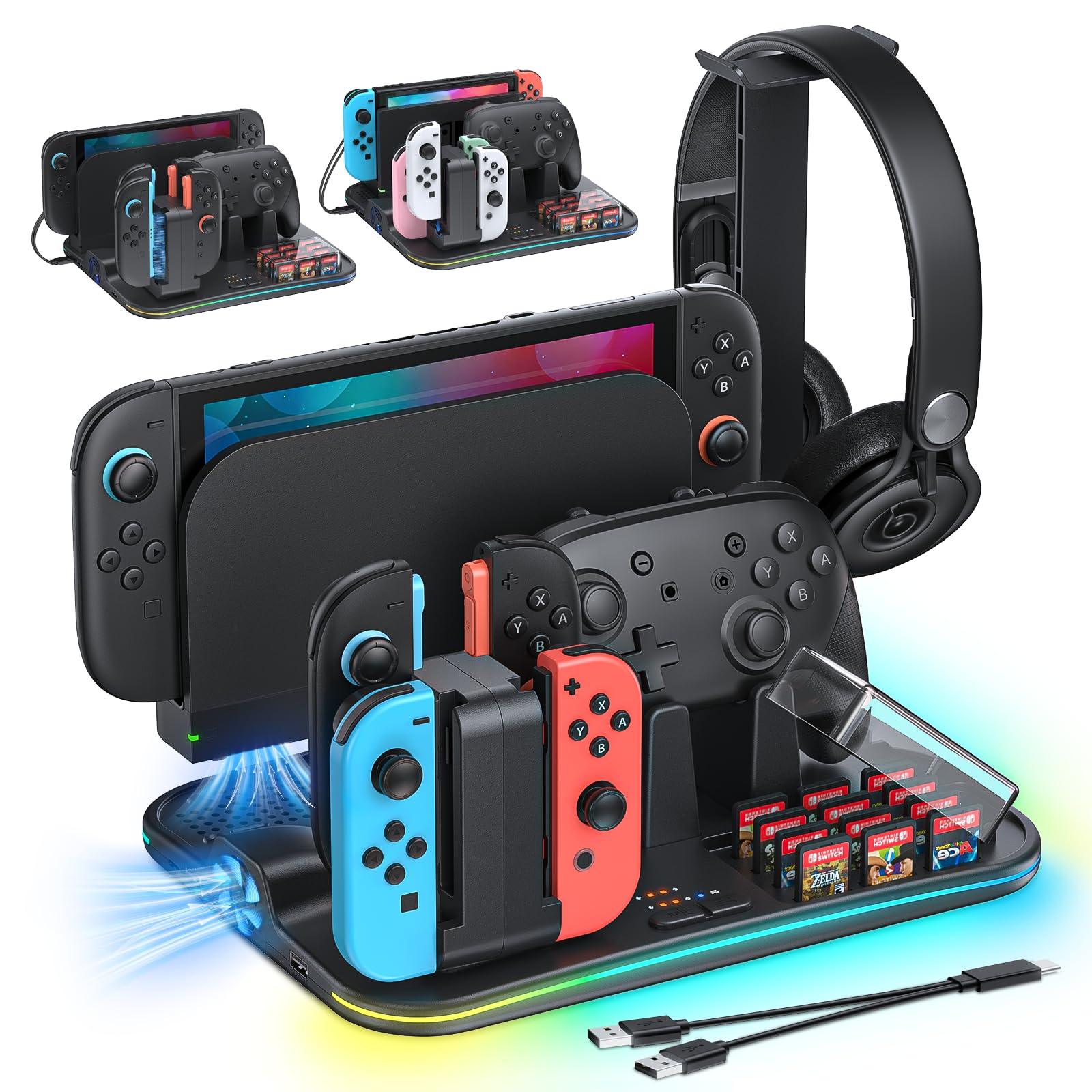 [Compatible Switch 2/1] FASTSNAIL Manette Chargeur pour Nintendo Switch 2/1/OLED pour Joycon, Support Switch 2 avec 9 Modes RVB, Ventilateur, 12 emplacements pour Cartes de Jeu, Support pour Casque