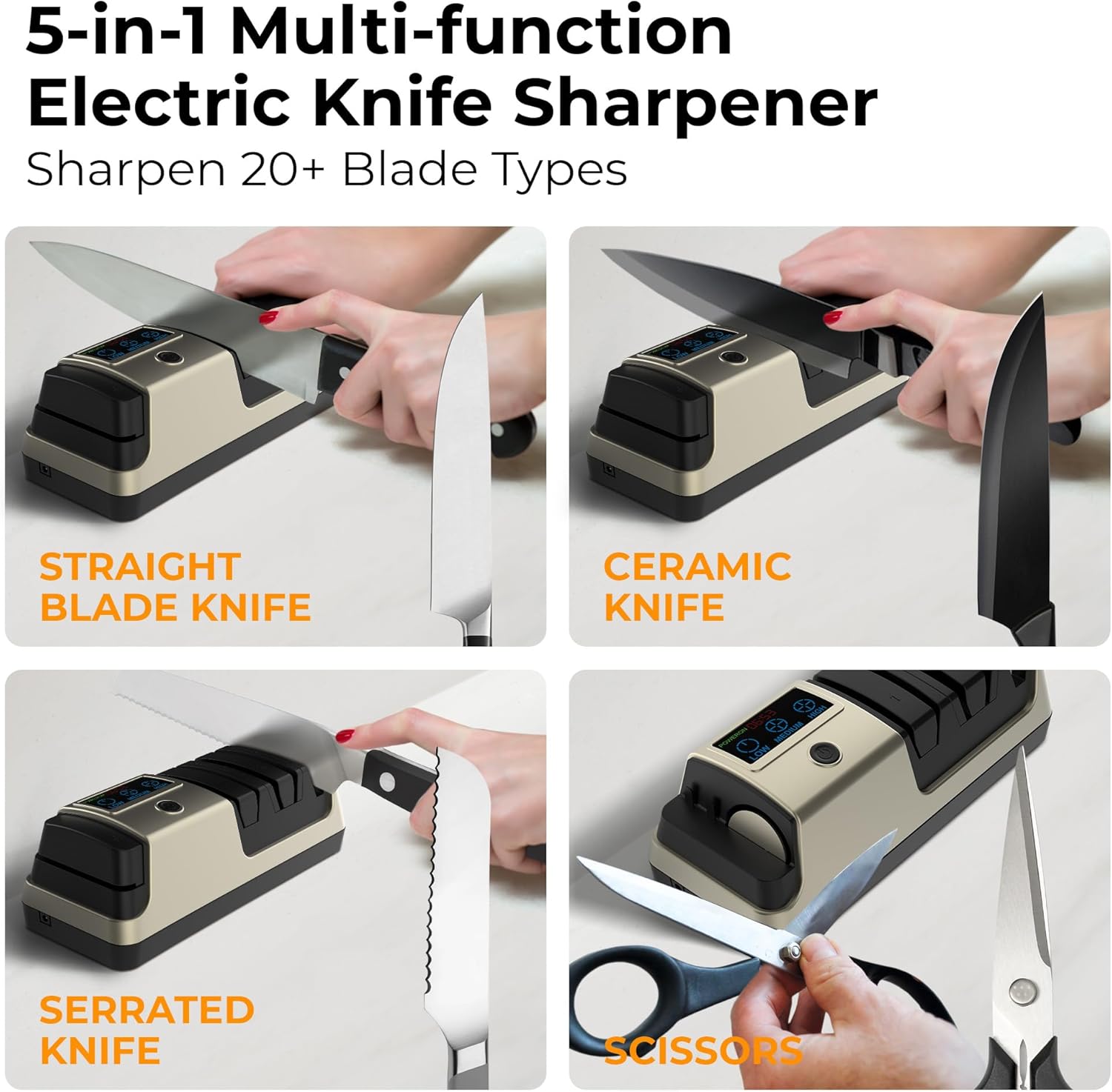 Electric Knife Sharpener for Kitchen Knives, LCD Display, 5-in-1Professional Knife Sharpener with Adjustable Speed, Diamond Wheel & Ceramic Rod, Gold